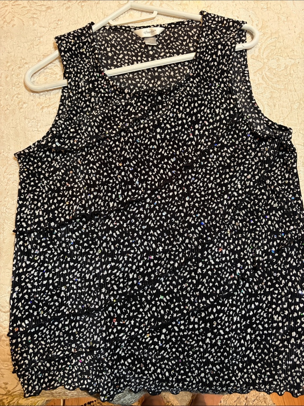 CJ Banks Black Sleeveless Ruffle Tiered Camisole with White Dot Print